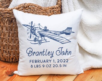 Personalized Boy's Plane Birth Announcement Pillow | Decorative Nursery Pillow | Baby Boy Pillow | Announcement of Birth Gift
