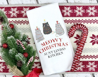 Cat Christmas Waffle Weave Dish Towel | Personalized Kitchen Towel | Personalized Christmas Gift Women | Christmas Kitchen Towel