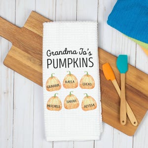 Grandchildren Pumpkin Towel | Personalized Kitchen Towel | Grandma Gift | Seasonal Kitchen Decor | Fall Kitchen | Pumpkin Towel | Fall Decor