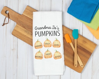 Grandchildren Pumpkin Towel | Personalized Kitchen Towel | Grandma Gift | Seasonal Kitchen Decor | Fall Kitchen | Pumpkin Towel | Fall Decor