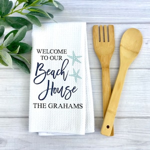 Beach House Time Dish Towel | Personalized Kitchen Towel | Housewarming Gift | Summer Beach House Accessories | Welcome To Our Beach House