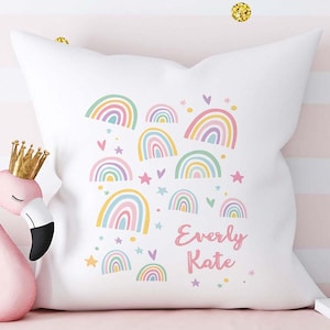 Personalized Girls Name Pillow | Custom Girl&#39;s Bedroom Decor | Girls Rainbow Decor | Girls Colorful Pillow | Pink Nursery Decor