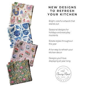 The image is a collection of four colorful kitchen towels with various patterns, including floral, geometric, and abstract designs.