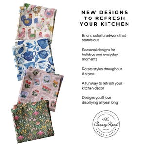 The image is a collection of four colorful kitchen towels with various patterns, including floral, geometric, and abstract designs.