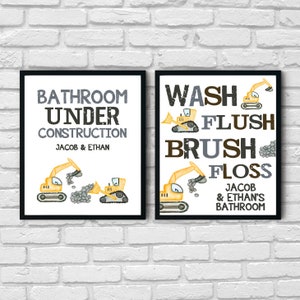 Construction Bathroom Wall Art | Truck Bathroom Wall Art | Boys Bathroom Decor | Set of 2 Prints | Personalized Bathroom Decor | Brother Art