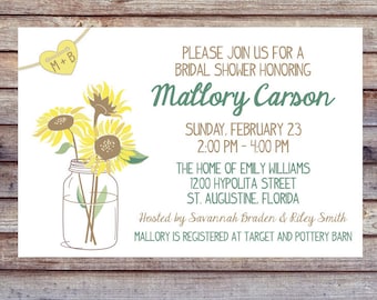 Rustic Wedding Shower Invitation - Mason Jar Shower Invitation, Recipe & Thank You - Printable Invitation - Sunflower Wedding