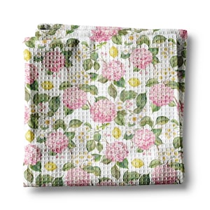 Lemon Pink Hydrangea Kitchen Towel Waffle Weave Floral Citrus Summer Southern Preppy Hostess