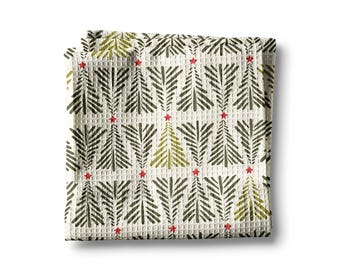 Holiday Christmas Tree Kitchen Tea Towel, Waffle Weave, Raised Edges (16x24 inches)