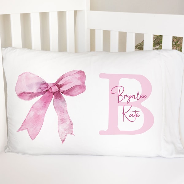 Watercolor Bow Monogram Personalized Standard Pillowcase | Pastel Teen Pillow Cover | Girl Room Decor | Nursery Decor Preppy