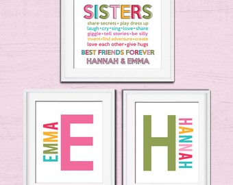 Set of 3 Sister Initial Print | Sister Wall Art | Girls Room | Girls Shared Room | Girls Room Sign | Girls Bathroom | Sister Sign