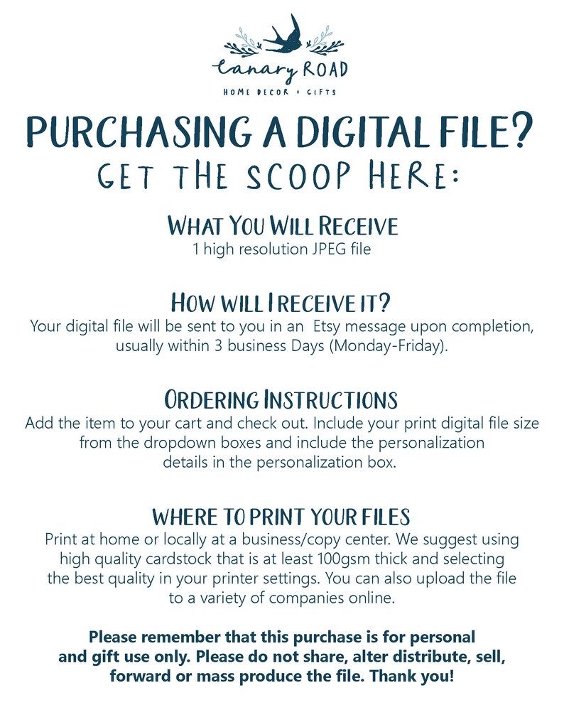 Może przedstawiać: Grafika tekstowa w kolorze niebieskim i białym z napisem "Purchasing a Digital File? Get the Scoop Here:" Tekst jest pogrubiony, czcionka bezszeryfowa. Grafika zawiera r&oacute;wnież informacje o tym, co jest zawarte w zakupie, jak otrzymać plik, instrukcje zamawiania i gdzie wydrukować plik. Grafika zawiera r&oacute;wnież przypomnienie, że zakup jest przeznaczony wyłącznie do użytku osobistego i na prezenty.