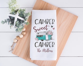 Camping Dish Towel | Camper Sweet Camper | Happy Camper | Camper Decor | Camper Stories | Personalized Kitchen Towel | Gifts For Her