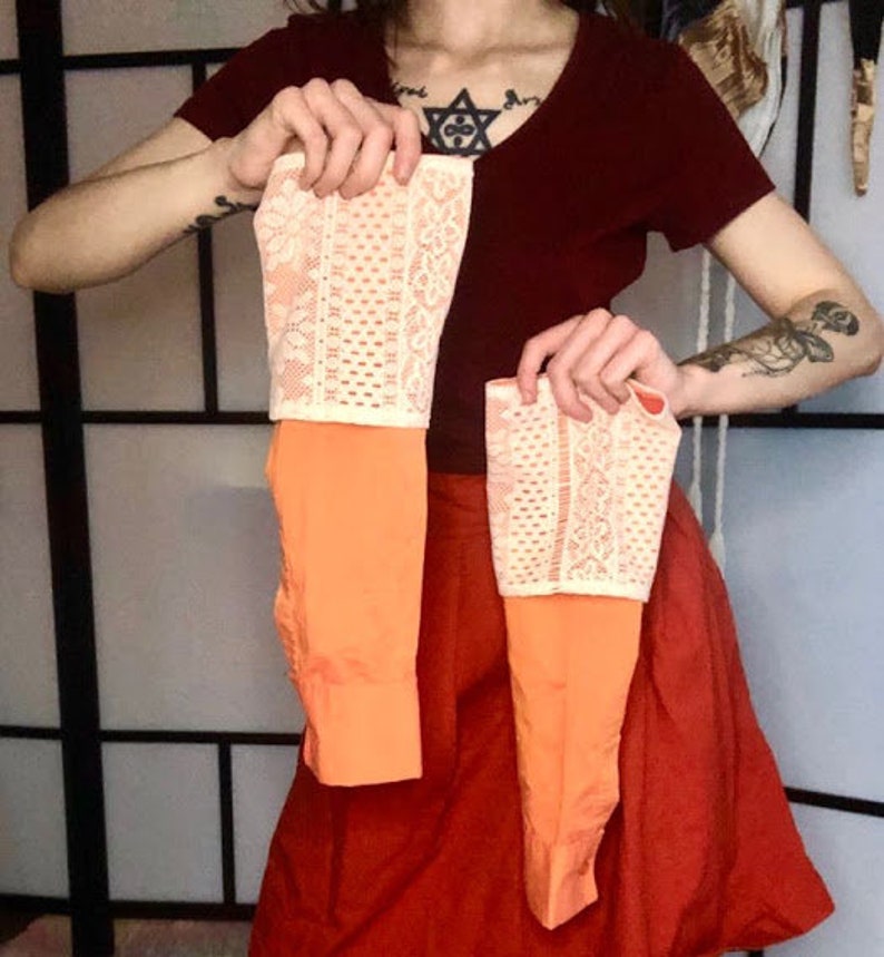 Recycled Eco Fashion Upcycled Winter Fall Spring Orange Arm Warmers Cream Lace Accents
