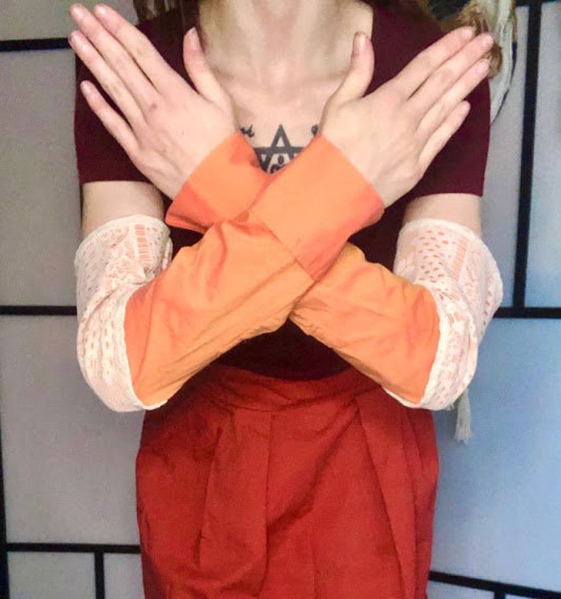 Recycled Eco Fashion Upcycled Winter Fall Spring Orange Arm Warmers Cream Lace Accents