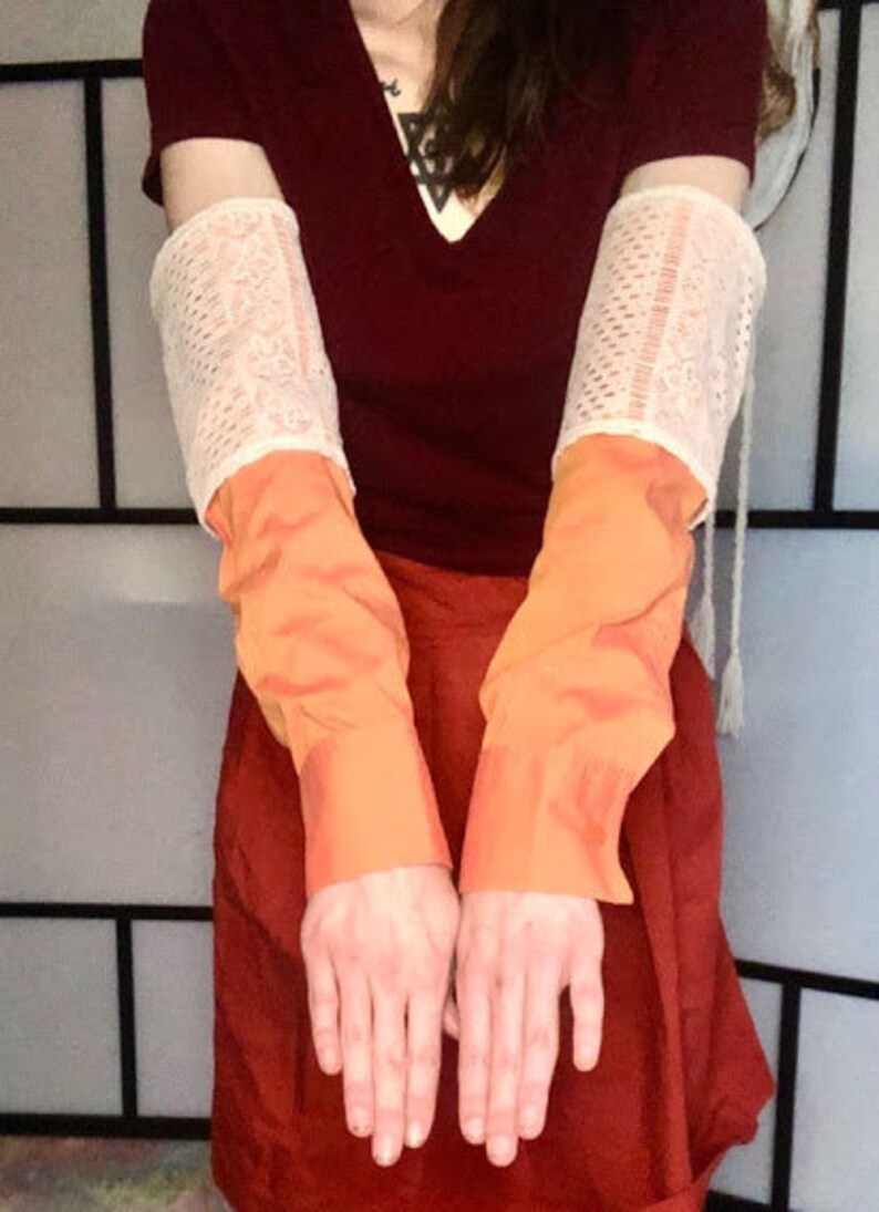 Recycled Eco Fashion Upcycled Winter Fall Spring Orange Arm Warmers Cream Lace Accents