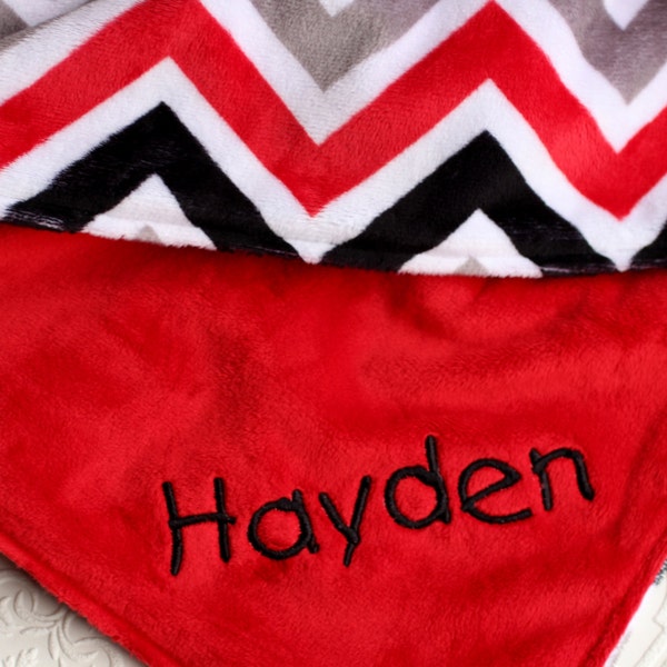 Personalized Baby Blanket, Baby Girl or Boy blanket, Red Black Grey Chevron, Red Minky Baby Blanket, Monogrammed Baby Blanket, Baby gift