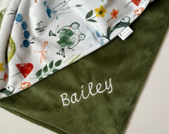 Frog Baby Blanket Personalized, Baby Blanket with Name, Frog and Snail Baby Blanket, Personalized Minky Baby Blanket, Baby Boy or Girl Gift