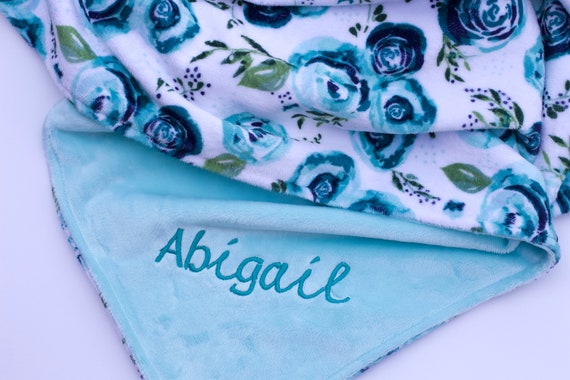 Personalized Baby Girl Floral Blanket, Teal Floral Minky Baby Blanket, Baby Girl Minky Blanket, Monogrammed Blanket, Floral Baby Blanket