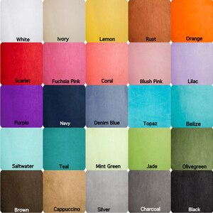 May include: A color chart with 25 different color swatches. The colors include white, ivory, lemon, rust, orange, scarlet, fuchsia pink, coral, blush pink, lilac, purple, navy, denim blue, topaz, belize, saltwater, teal, mint green, jade, olive green, brown, cappuccino, silver, charcoal, and black.