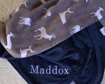 Baby Blankets,  Personalized Baby Boy Blanket with Name, Gray Deer Baby Blanket, Personalized Baby Blanket, Woodland Animals Minky Blanket