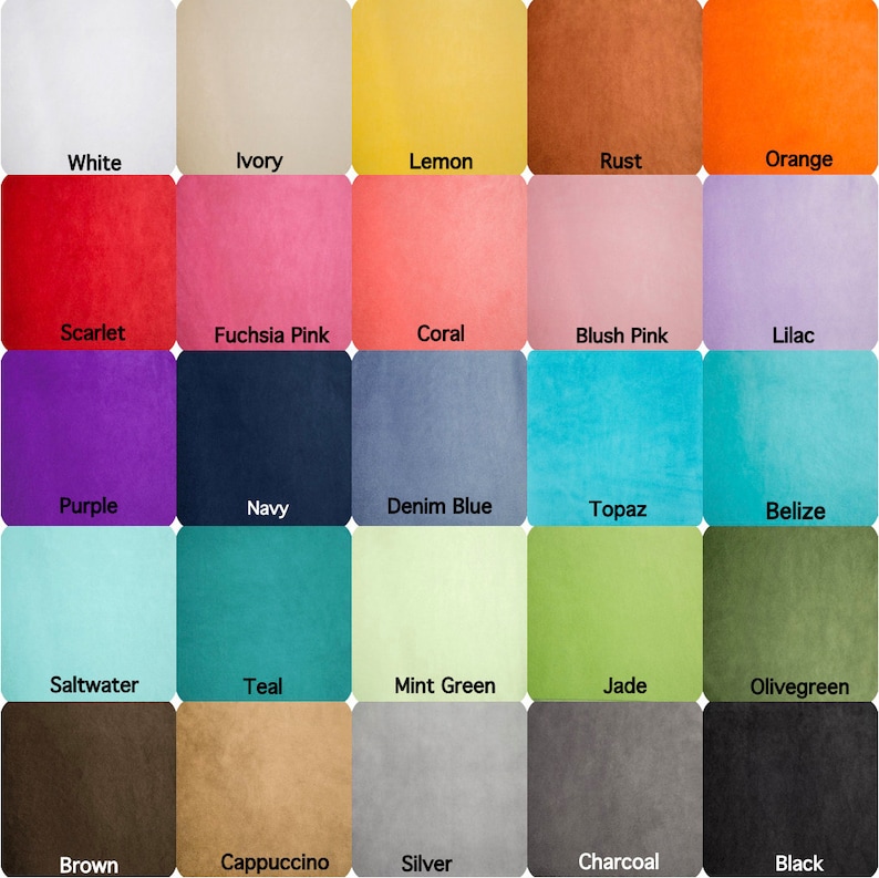 May include: A color chart with 25 different color swatches. The colors are arranged in five rows of five swatches each. The colors include white, ivory, lemon, rust, orange, scarlet, fuchsia pink, coral, blush pink, lilac, purple, navy, denim blue, topaz, belize, saltwater, teal, mint green, jade, olive green, brown, cappuccino, silver, charcoal, and black.