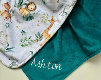 Personalized Jungle Safari Minky Baby Blanket, Animal Minky Blanket, Zebras, Giraffes, Elephants, and Lions, Baby Blanket, Personalized Baby