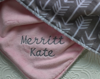 Personalized Baby Girl Blanket, Pink Baby Blanket, Minky Baby Blanket Personalized, Gray Archer Arrows Blush Pink Minky, Baby Girl Gift