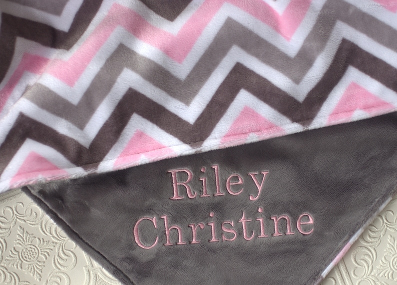 Personalized Baby Blanket, Minky Baby Blanket, Baby Girl blanket or lovey, Pink and Grey Chevron Blanket , Monogrammed Baby Blanket image 8