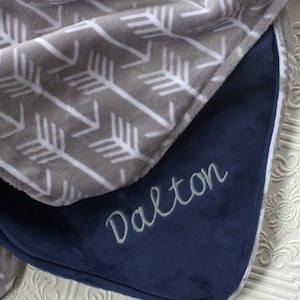 Personalized Baby Blanket, Baby Girl or Boy Blanket, Gray Archer Arrows Baby Blanket, Navy Blue Minky, Monogrammed Baby Blanket, Baby Shower