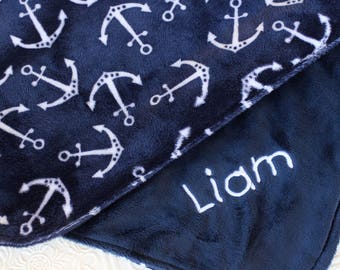 Baby Blanket, Personalized Blanket with Name, Anchor Baby Blanket, Personalized Nautical Baby Blanket Gift, Personalized Minky Blanket
