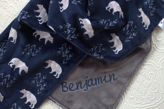 Bear Minky Baby Blanket Personalized, Navy Blue Baby Blanket, Bear Nursery Bedding, Personalized Bear Blanket, Personalized Minky Blanket