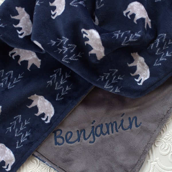 Bear Minky Baby Blanket Personalized, Navy Blue Baby Blanket, Bear Nursery Bedding, Personalized Bear Blanket, Personalized Minky Blanket