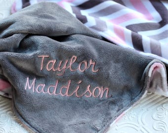 Personalized Baby Blanket, Minky Baby Blanket, Baby Girl blanket or lovey, Pink and Grey Chevron Blanket , Monogrammed Baby Blanket