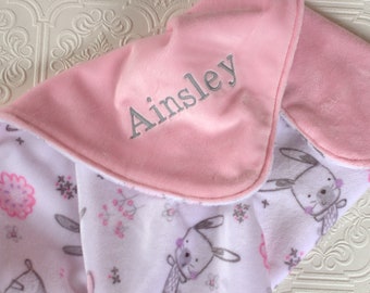 Personalized Gift, Baby Girl Blanket with Name, Pink Bunny Baby Blanket, Personalized Bunny Baby Blanket, Minky Blanket, Baby Shower Gift