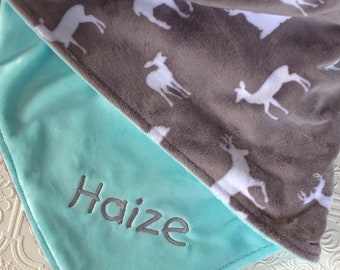 Baby Blanket, Personalized Baby Boy Blanket with Name, Gray Deer Baby Blanket, Personalized Baby Shower gift, Woodland Animals Minky Blanket