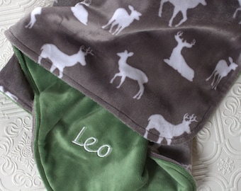 Minky Baby Blanket, Personalized Baby Boy Blanket with Name, Gray Deer Baby Blanket, Personalized Baby Shower gift, Woodland Animals Blanket