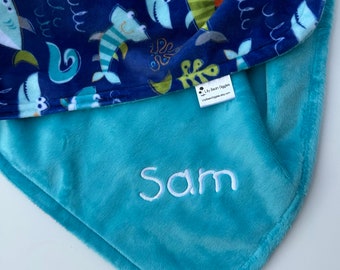 Personalized Ocean-Themed Minky Blanket, Shark  Minky Blanket,  Baby Blanket, Personalized Baby, Sharkies Sea Cuddle Minky