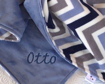 Personalized Baby Boy Blanket, Baby Boy Blanket, Newborn Blanket, Blue Chevron Minky Blanket, Baby Blanket, Stroller Blanket, Baby Shower