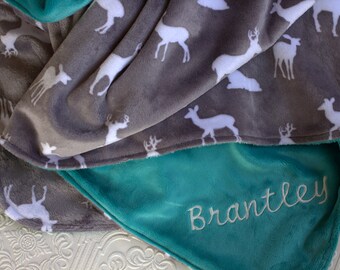 Baby Blanket, Personalized Baby Boy Blanket with Name, Gray Deer Baby Blanket, Personalized Baby Shower gift, Woodland Animals Minky Blanket