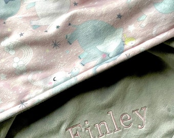 Minky Baby Blanket, Elephants/Clouds/Rainbow, Yellow/Grey Minky,
