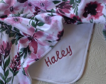 Personalized Baby Girl Blanket, Minky Baby Blanket, Baby Girl Minky Blanket, Monogrammed Blanket, Pink, Rosewood Flowers Baby Blanket