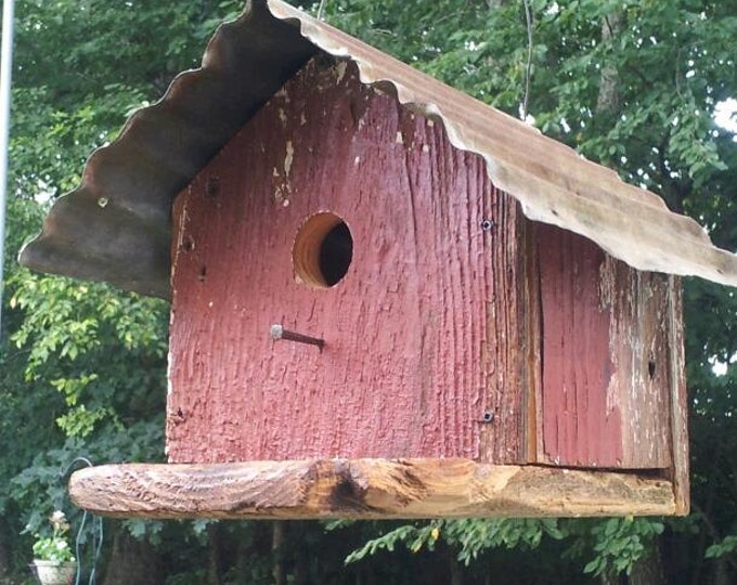 Hand Made, Barn Wood Bird House. Weathered Pine. Old Red Paint, With