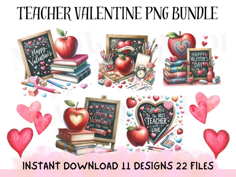 May include: A digital download of 11 teacher Valentine's Day designs featuring red apples, books, chalkboards, pencils, and hearts. The designs are perfect for creating cards, classroom decorations, or other crafts.