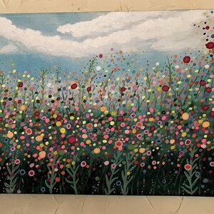 SPRING FLING Abstract Wildflower Meadow w/ Cloudy Sky,  original acrylic  12 x 24 in. canvas in many colors texture Free Shipping