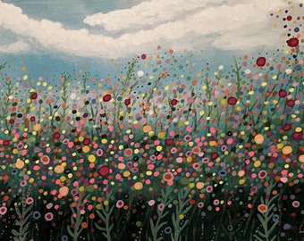 May include: A painting of a field of colorful wildflowers with a blue sky and white clouds in the background.