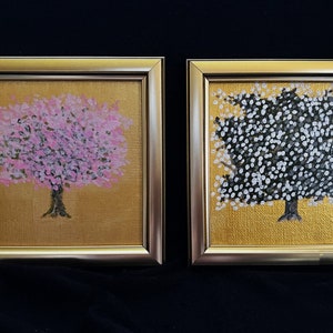 FRUIT TREES Apple and Cherry Fruit Trees original paintings on gold in gold metal frames 4 x 4 inches each