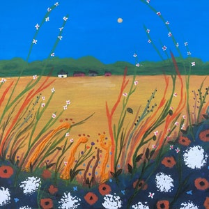 FALL FARM FIELD original modern view of a farm field nearing Harvest, mixed media on canvas 12 x 12 in. painted sides nature Free Shipping