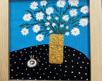 Chamomile Tea Time painting: original Gold Texture Vase, Natural Wood Frame