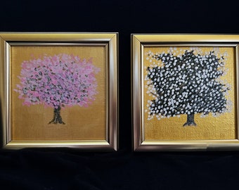 Apple & Cherry Tree Original Paintings: Gold Framed Art (4x4)