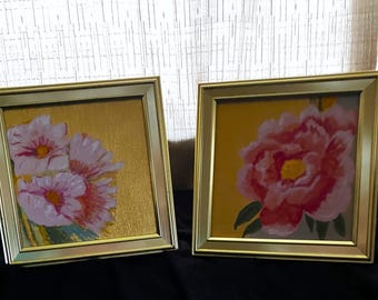 Pink Peony Painting Pair: Original Acrylic Floral Art in Gold Frames